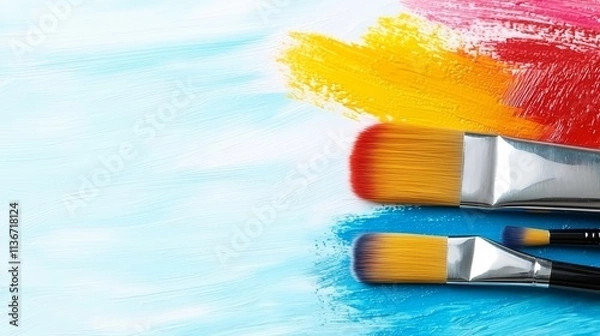 Fototapeta Two paintbrushes sitting next to each other on a blue surface