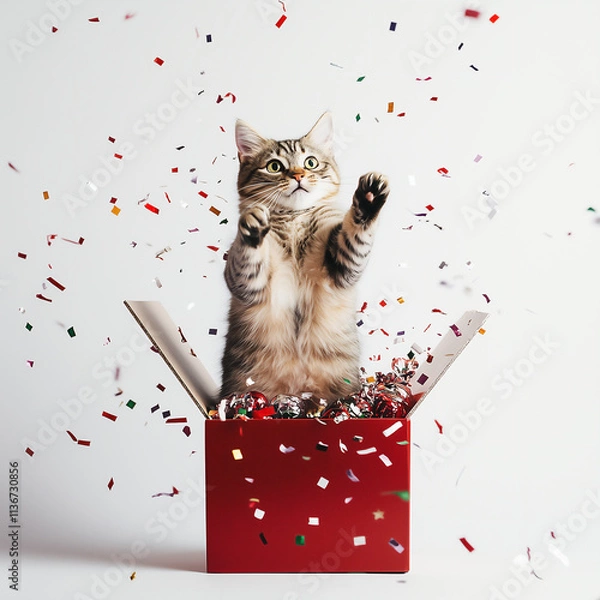 Fototapeta cat jumping out of gift box 