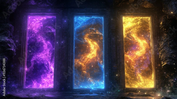 Obraz Magic fantasy world portal circle door 3d frame ui set. Wizard teleport or entrance arch to parallel room. Futuristic cartoon doorway with purple, blue and yellow bright light vortex collection
