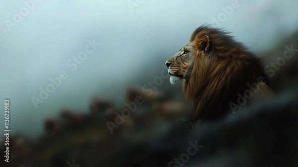 Fototapeta Majestic male lion gazes into the distance, surrounded by a misty wilderness, showcasing its regal mane and powerful presence.