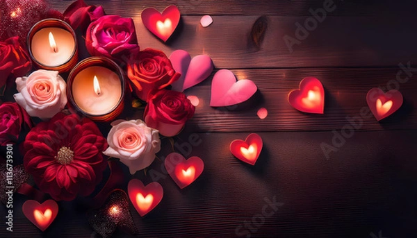Fototapeta velas y corazones con pétalos de rosa para el día de San Valentín día de los enamorados
