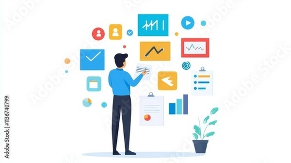 Fototapeta Person analyzing data with various graphics.