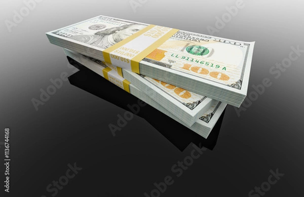 Fototapeta Stack of Thirty Thousand Dollars of One Hundred Dollar Bills on Black Reflective Surface.