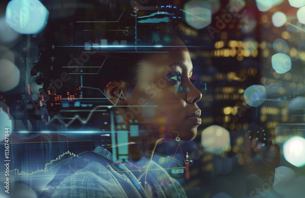 Fototapeta Side profile of a female cyber security computer specialist conducting data driven research analysis in cyberspace safety risks & privacy threats, stock market 