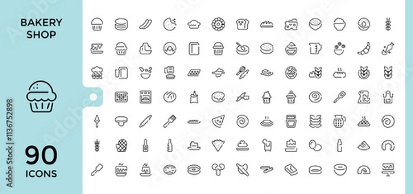 Fototapeta Bakery Shop icon set. Containing bakery, croissant, cake, element, donut, baker, food and more. Thin outline icons pack. Editable vector icon and illustration.
