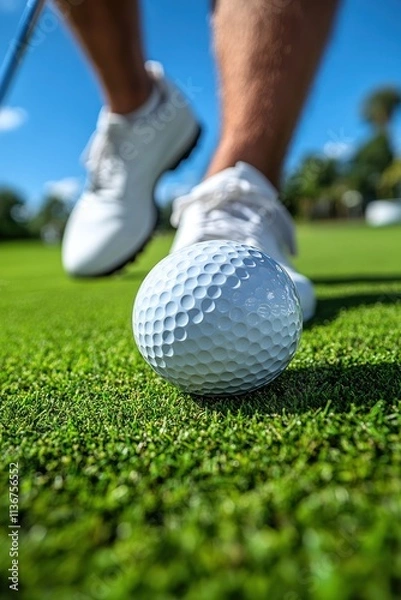 Fototapeta A golfer prepares to take a swing on a sunny day at the lush golf course, focusing intently on the ball
