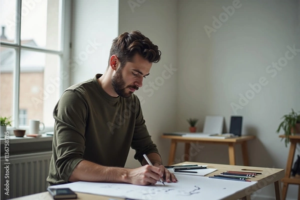 Fototapeta Man appearing focused while sketching in a minimalist studio