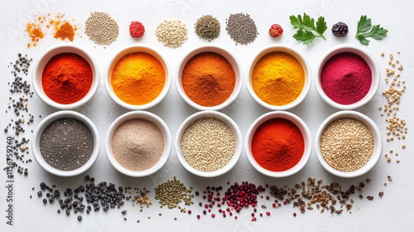 Obraz Bowls of colorful spices and herbs showcase vibrant textures