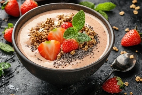 Fototapeta Creamy Chocolate Smoothie Bowl with Fresh Strawberries
