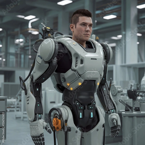 Obraz Advanced Robotic Exoskeleton Suit Worn by Human in Modern Robotics Facility