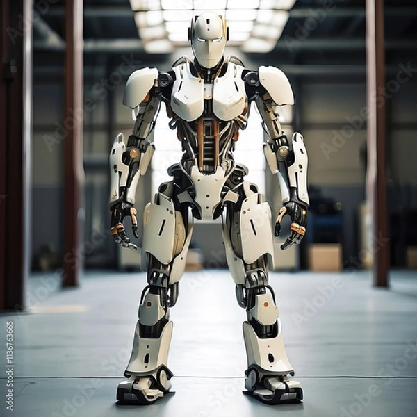 Obraz Advanced Humanoid Robot Standing in a High-Tech Industrial Facility