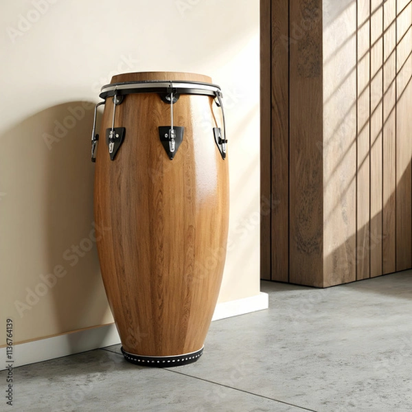 Obraz A conga drum is a tall, cylindrical percussion instrument made of wood