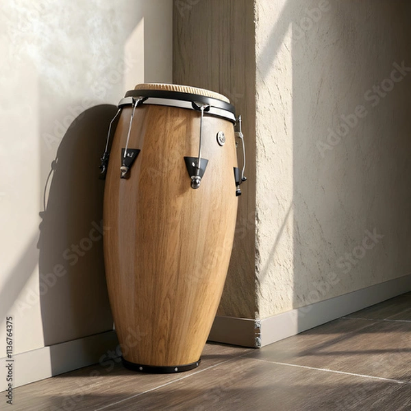 Obraz A conga drum is a tall, cylindrical percussion instrument made of wood