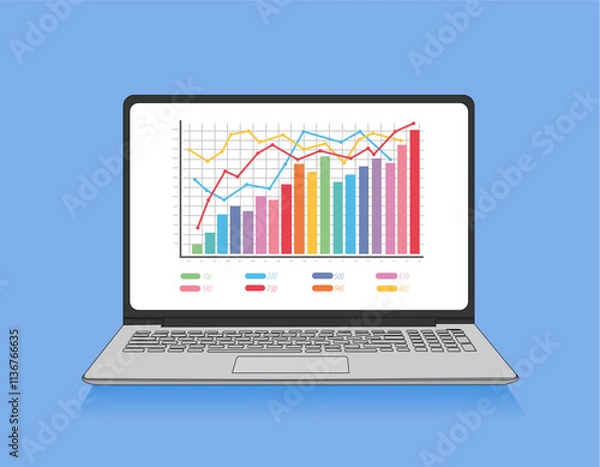 Obraz Laptop with charts and graph on screen on blue background. Analysis business accounting concept. Vector illustration design