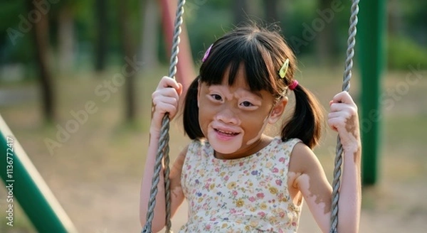 Obraz Joyful young asian girl with vitiligo enjoying a summer day on a swing in a sunlit park