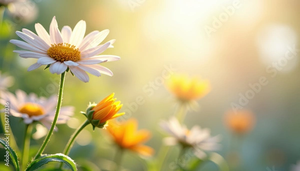 Fototapeta Pink flower in a field of flowers at sunset