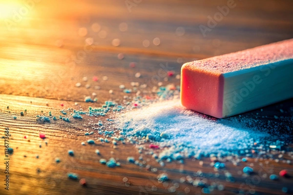 Fototapeta A close-up of an eraser on a wooden surface, releasing dust particles as sunlight casts a warm glow, creating a serene atmosphere.