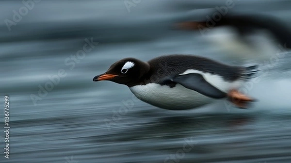 Fototapeta A sleek Gentoo penguin glides swiftly through the icy waters, showcasing its agile movements and striking colors.