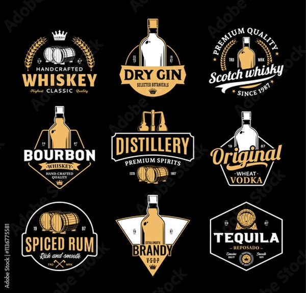 Fototapeta White and yellow alcoholic drinks and distillery logo isolated on a black background. Distillery and alcoholic drinks branding and design elements