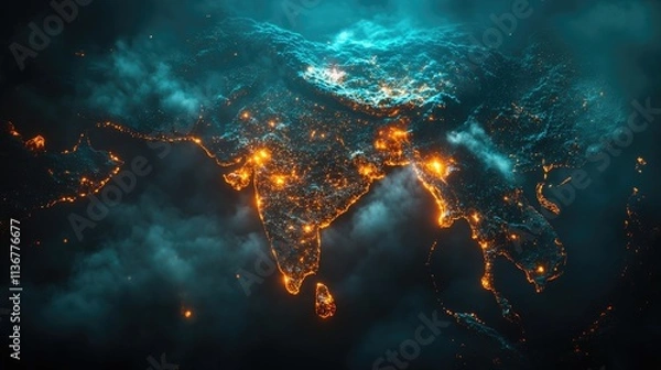 Fototapeta A breathtaking nighttime view of the Indian subcontinent, ablaze with city lights. The image showcases the dense population and vibrant energy of the region.