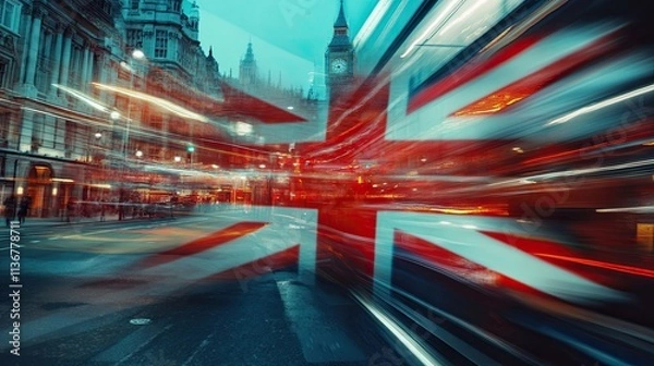 Fototapeta A vibrant long exposure shot of a bus speeding down a city street at night, with the Union Jack flag superimposed, creating a dynamic and patriotic image.