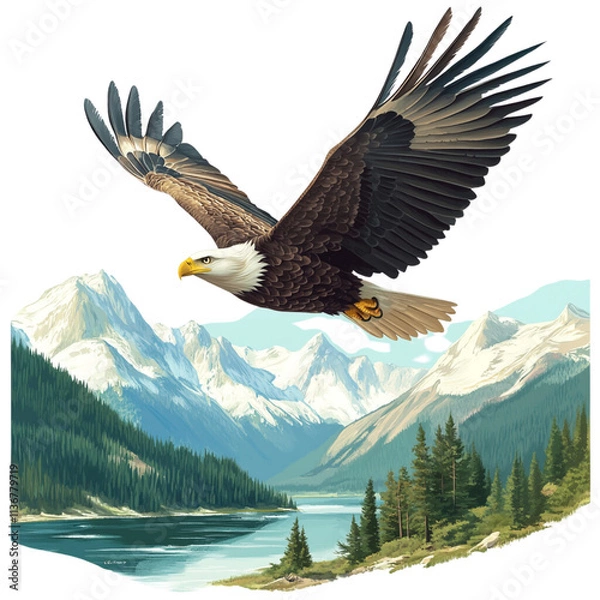 Obraz A view of a bird chirping in the sky over a river near a mountain pass isolated on a transparent background