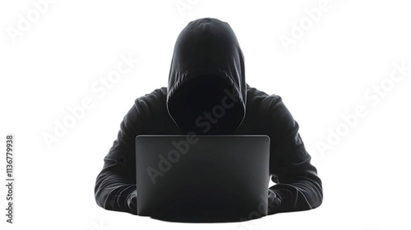 Fototapeta Anonymous Hacker Silhouette Using Laptop  Cybersecurity  Digital Crime  Internet Security