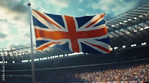 Fototapeta The Union Jack flies high above a stadium filled with cheering spectators, a vibrant display of national pride.