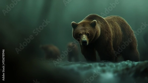 Fototapeta A majestic brown bear stands stoically amidst a misty forest, evoking a sense of power and tranquility.