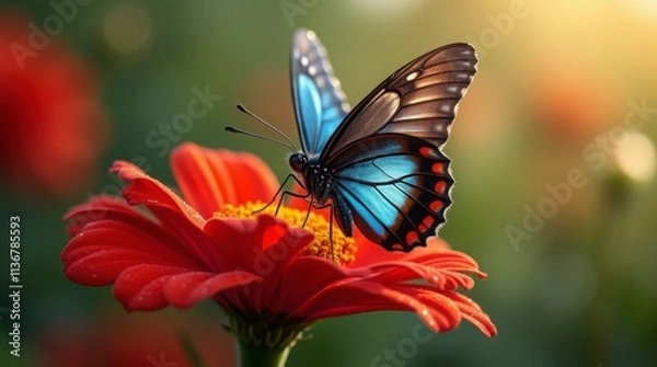 Fototapeta Enchanting Blue Butterfly on Red Flower. Nature's Palette: Blue Butterfly and Red Bloom. Delicate Beauty: Butterfly on Flower.