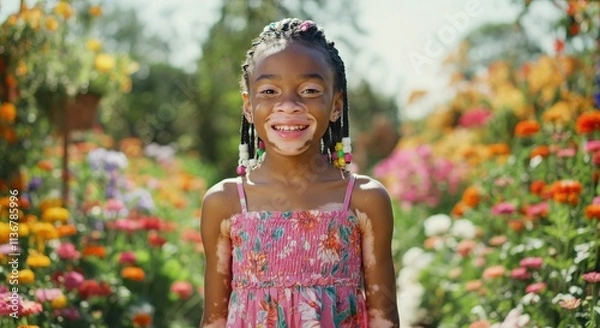 Fototapeta Joyful african descent girl with vitiligo smiling in colorful summer garden