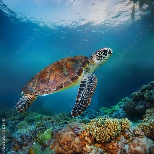 Obraz Sea turtle swims under water on the background of coral reefs