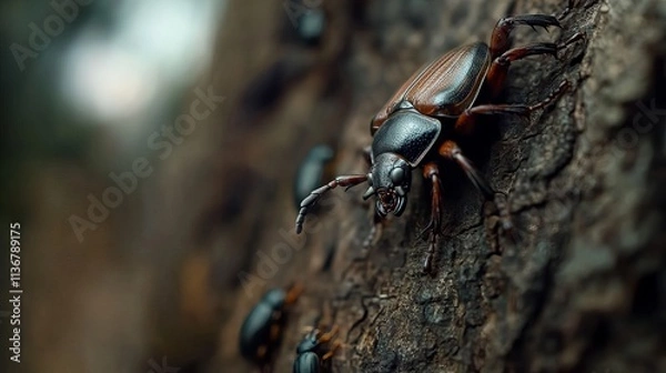 Fototapeta Close-up of a male beetle crawling on a textured tree bark, showcasing intricate details and a rich brown color.