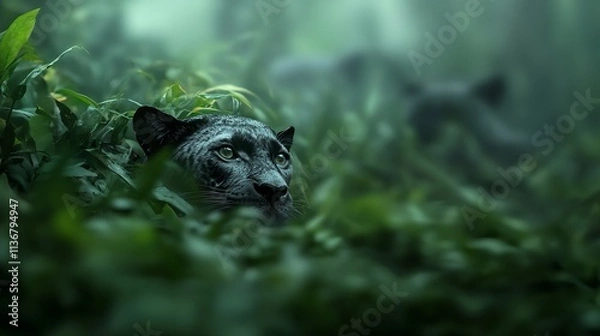Fototapeta A sleek black panther peers through lush greenery, its intense gaze focused and alert in a misty jungle setting.