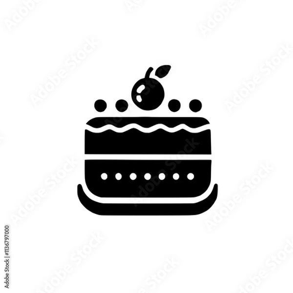 Fototapeta Cake Icon: A simple yet elegant black and white icon of a delicious cake with a cherry on top, perfect for websites, apps, and social media.  