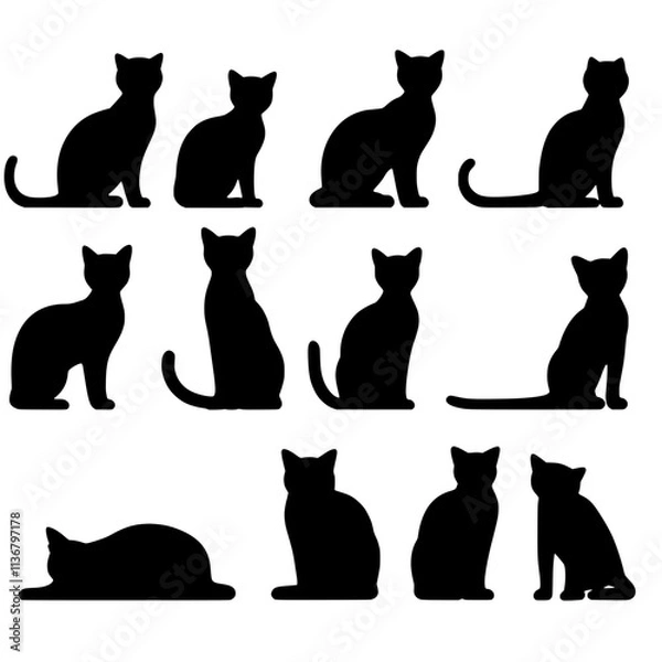 Fototapeta Cat Silhouettes Collection: A set of twelve unique cat silhouettes, perfect for various design projects.  These sleek, black silhouettes offer versatile design elements for your creative needs.