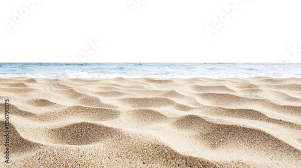 Fototapeta Smooth sand ripples on a beach near ocean waves, forming natural patterns with soft curves and golden tones under clear sky lighting. Isolated on transparent background, png.