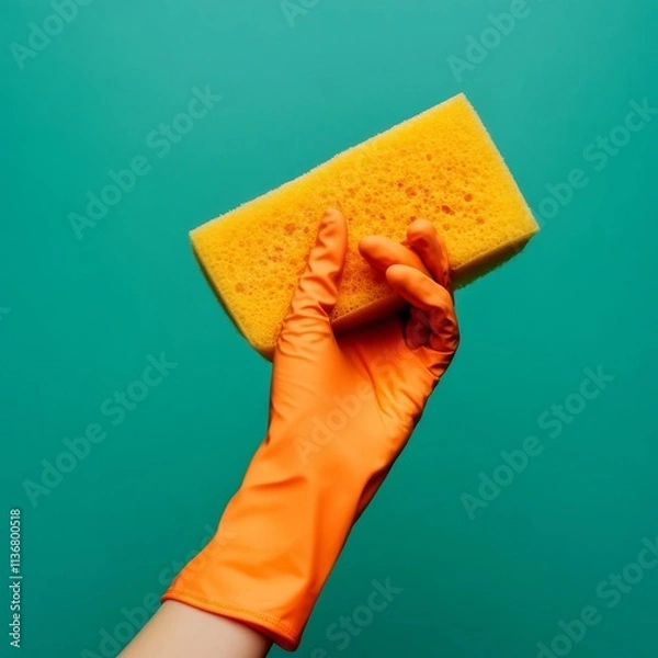 Obraz Glove-clad hand with sponge on green background.