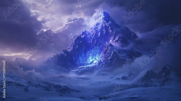 Obraz Majestic, glowing blue peak in a stormy, snow-covered mountain range.