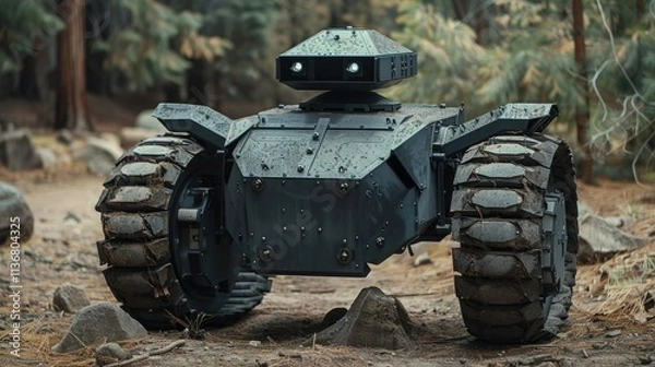 Fototapeta A rugged robot with tank-like wheels navigating a forested environment.