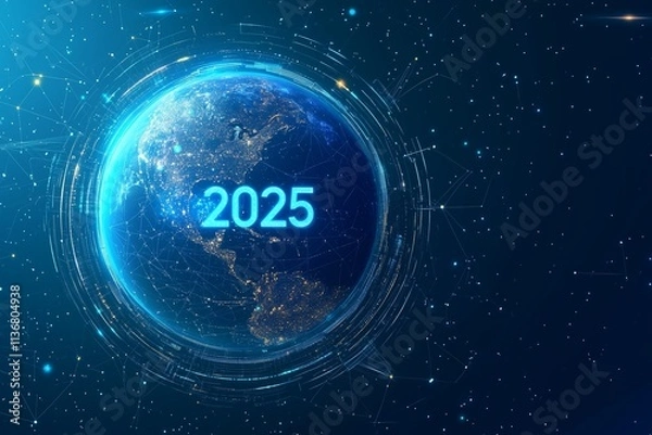 Fototapeta Futuristic 2025 New Year Landing Page Template Featuring Earth on a Blue Background
