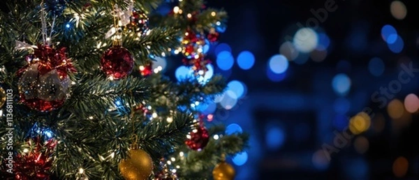 Fototapeta Christmas Tree - Ornaments Hanging Fir At Blue Eve Night With Abstract Bokeh Lights