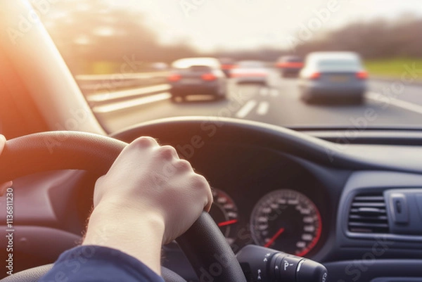 Fototapeta Man driving a car on the highway, close-up of hands holding the steering wheel