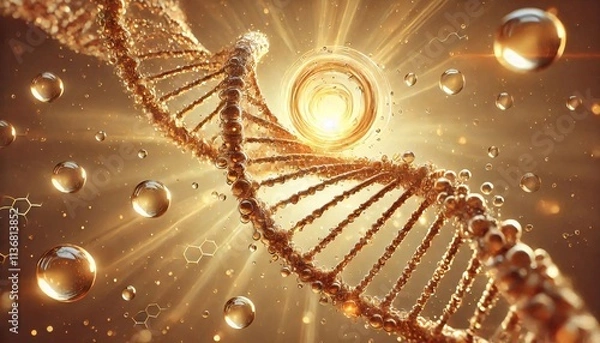 Obraz Spiral of DNA double helix or Collagen and Elastin with shiny light bokeh on beautiful background for science and beauty product concept.