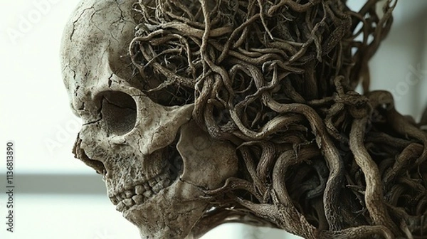 Obraz Skull entwined with roots, close-up profile view.