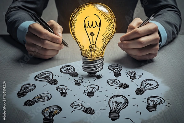 Fototapeta the hands of a person, close-up, holding a pen, thinking up, writing down new ideas on the sheet, the image of a light bulb on, around light bulbs off, symbolizes finding, coming up with a good idea