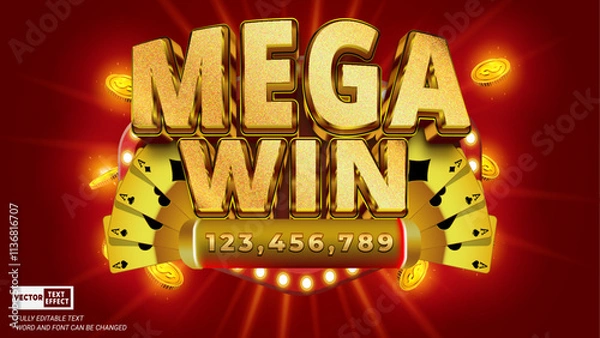 Fototapeta Mega win casino vegas editable 3d vector text style effect template with gold poker card and slot machine on red background