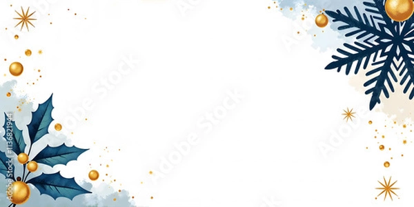Fototapeta Background for Merry Christmas Card with Blue Snowflakes, Balls and Golden Stars in Minimalist Watercolor Style with Central Copy Space.