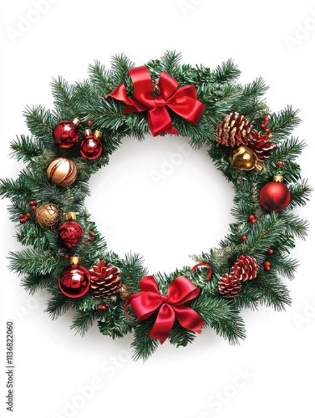 Fototapeta A festive wreath of evergreen branches adorned with ornaments and ribbons for Christmas celebration preparation