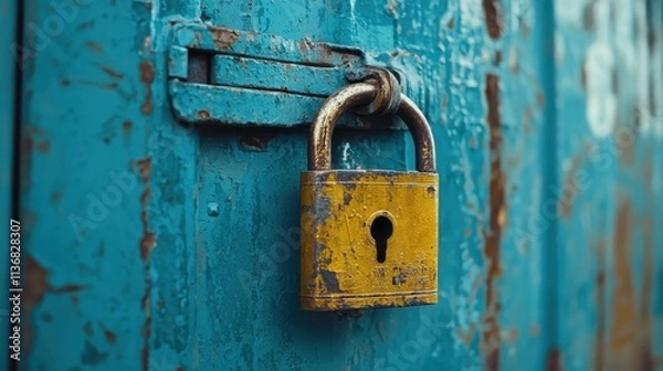 Fototapeta Close-Up of a Rusty Yellow Padlock on a Blue Weathered Door, Highlighting Texture and Color Contrast with Patina and Rust Accumulation